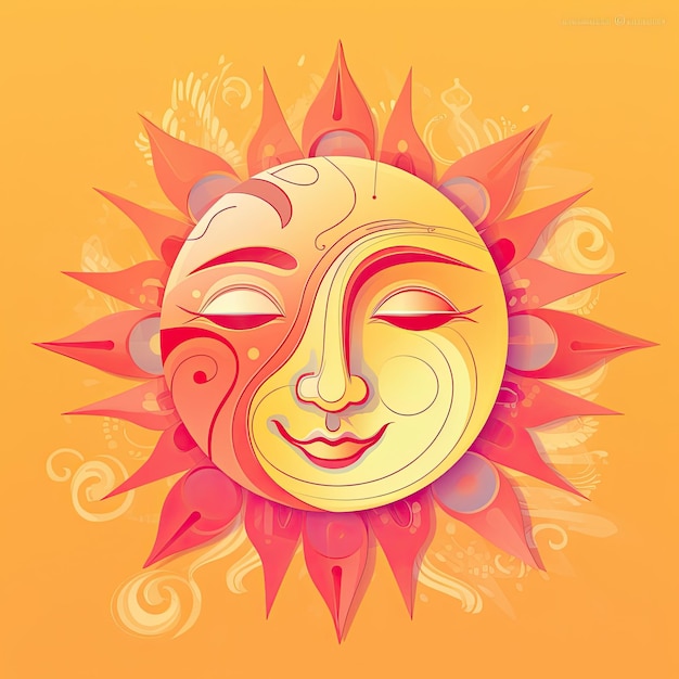 Ilustração de um sol com rosto em um fundo colorido generative ai