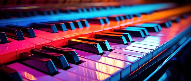 Foto ilustração de um teclado de piano iluminado por luzes vibrantes