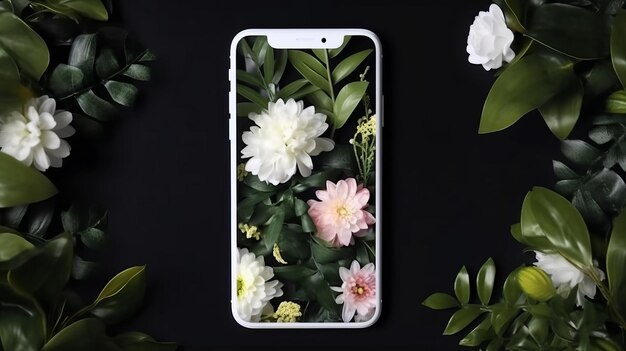 Ilustração de um telefone celular e flores em fundo preto