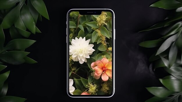 Ilustração de um telefone celular e flores em fundo preto