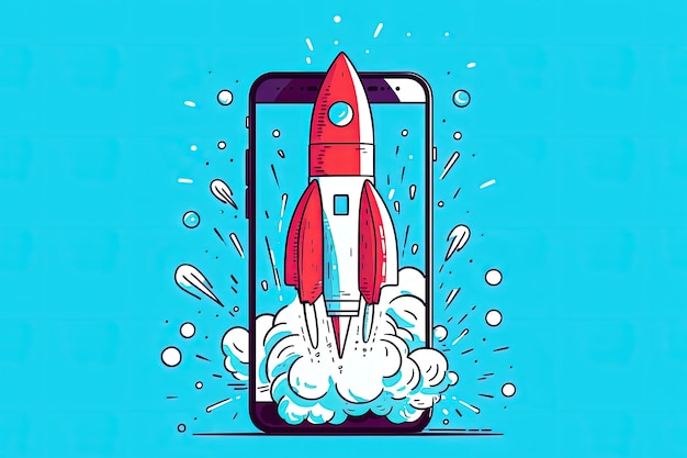Foto ilustração de um telefone móvel com um foguete saindo da tela conceito de inicialização de ia