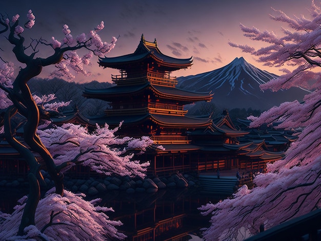 Ilustração de um templo japonês com flores de sakura ao pôr do sol