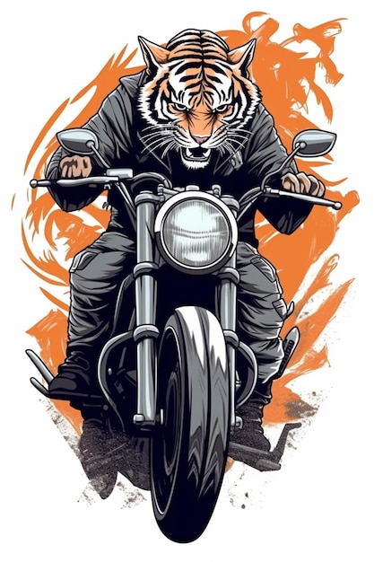 Ilustração de um tigre andando de moto com um piloto nas costas generative ai