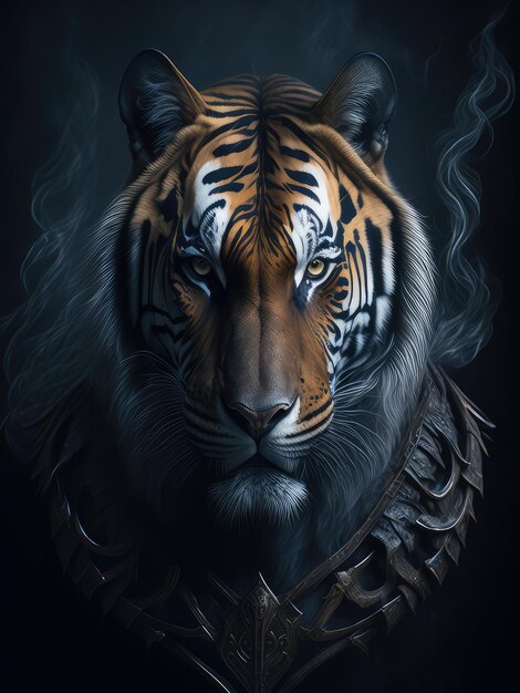 Ilustração de um tigre feroz vestindo uma armadura e exalando fumaça criada com a tecnologia Generative AI