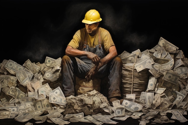 Ilustração de um trabalhador masculino com um capacete sentado sobre dólares
