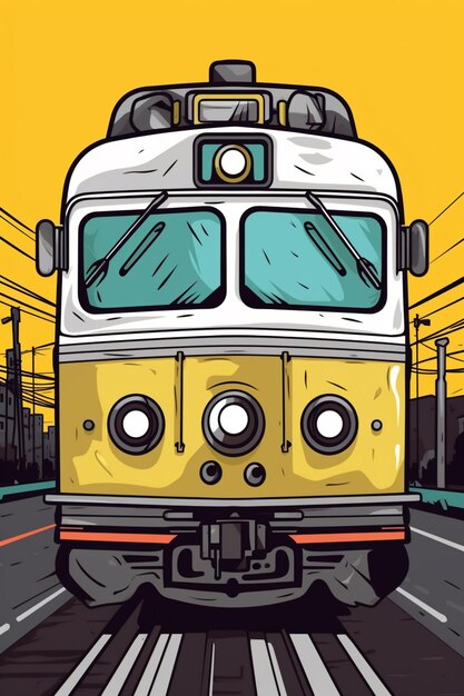 Foto ilustração de um trem amarelo e branco viajando pelos trilhos generative ai