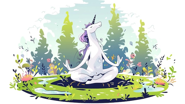 Ilustração de um unicórnio meditando em um tapete de ioga na floresta