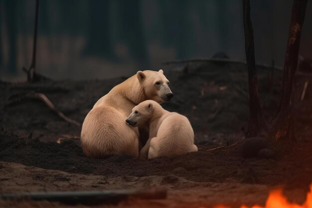 Foto ilustração de um urso em uma imagem digital do conceito de aquecimento global de habitat ruim por ia generativa