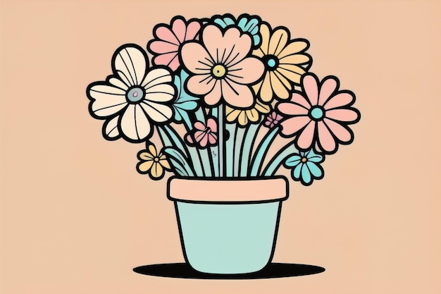 Ilustração de um vaso de flores com flores cor-de-rosa e azuis sobre um fundo cinzento