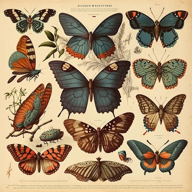 Ilustração de um velho livro retrô vintage sobre entomologia de guia de borboletas, estilo de gravura,