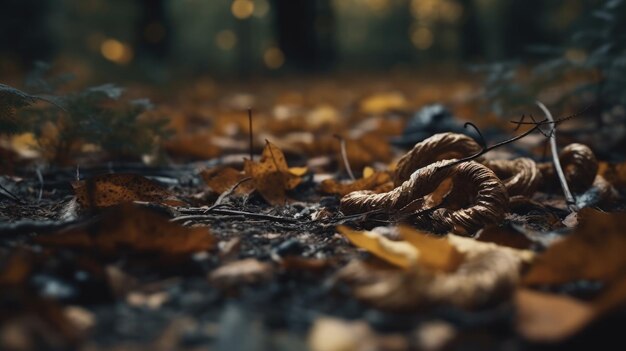 Foto ilustração de um verme no meio de uma floresta sobre uma pilha de folhas secas