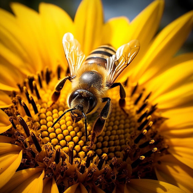 ilustração de uma abelha sentada em um ângulo holandês de girassol