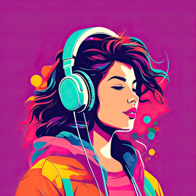 Ilustração de uma adolescente desfrutando de música de fones de ouvido estilo arte retro humor nostálgico