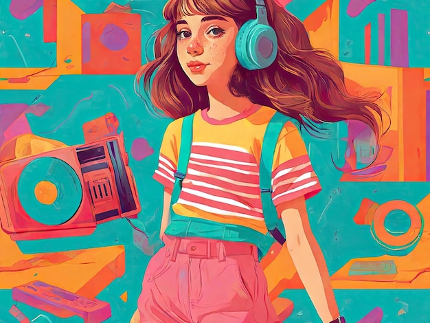 Ilustração de uma adolescente desfrutando de música de fones de ouvido estilo arte retro humor nostálgico