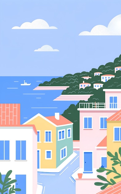 Ilustração de uma aldeia à beira-mar com casas coloridas e céu azul claro