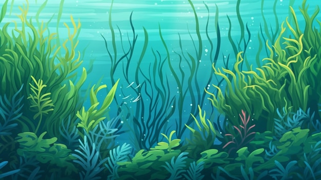 Ilustração de uma alga e algas em um oceano azul generativo ai