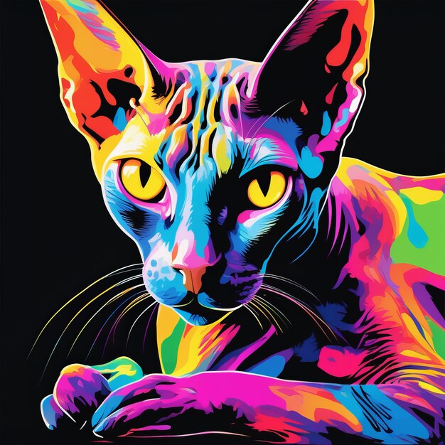 Ilustração de uma arte colorida de gato esfinge criada com software de IA generativo