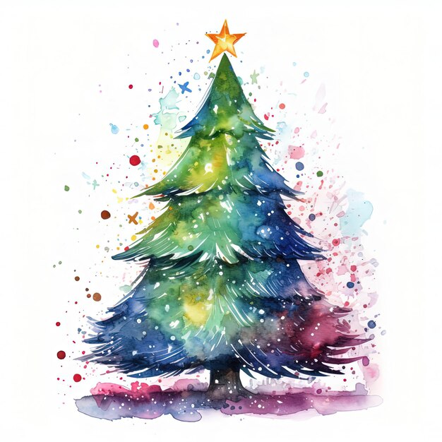 Ilustração de uma árvore de Natal colorida em aquarela