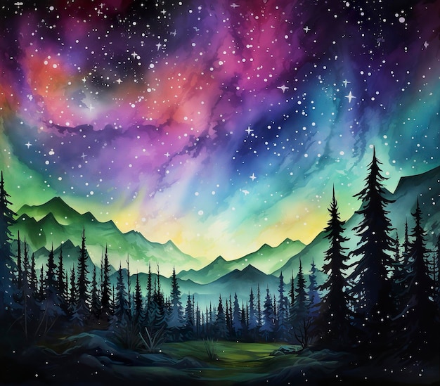 Ilustração de uma aurora boreal no céu noturno em aquarela