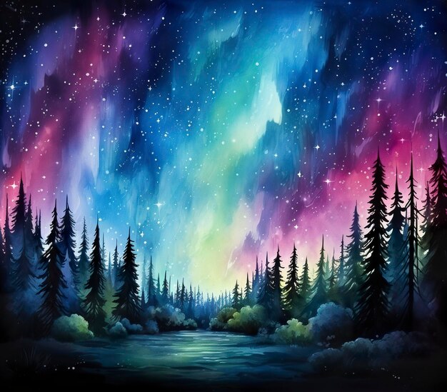 Ilustração de uma aurora boreal no céu noturno em aquarela