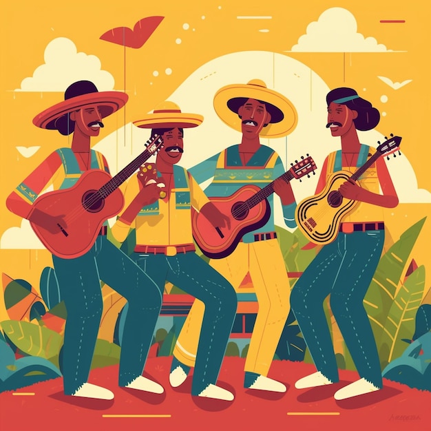 Ilustração de uma banda de músicos mexicanos.