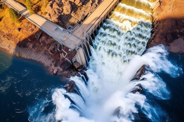 Foto ilustração de uma barragem hidrelétrica na descarga de água do rio