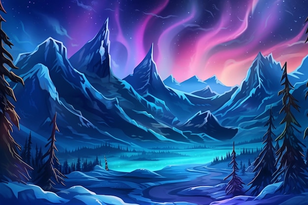 Ilustração de uma bela aurora boreal com um lago e montanhas generativas ai