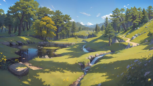 Foto ilustração de uma bela floresta natural rural em animação de fundo de estilo anime por alicewonderland