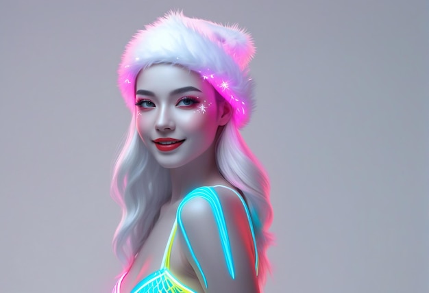 Ilustração de uma bela garota com cabelos brancos e luzes de néon azuis