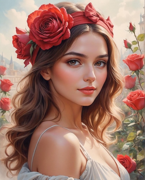 Foto ilustração de uma bela mulher cercada de rosas vermelhas