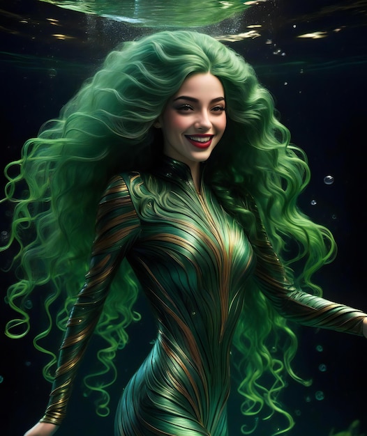 Ilustração de uma bela mulher de cabelo verde no mundo subaquático