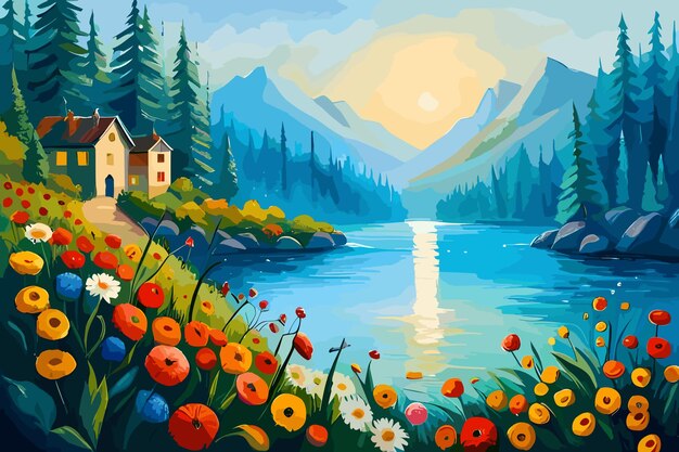 Ilustração de uma bela paisagem de primavera com um lago, pequenas casas, árvores e flores