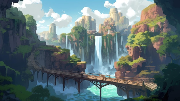 Ilustração de uma bela paisagem natural com pontes de desfiladeiros de montanha, árvores de rios e nuvens