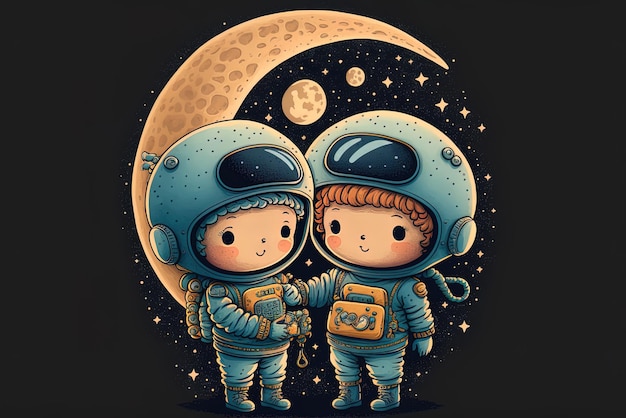Ilustração de uma bonita tripulação de astronautas segurando uma lua crescente e uma estrela