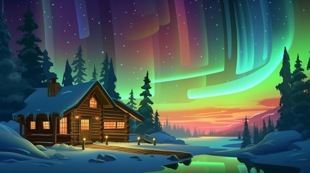 Ilustração de uma cabana na floresta com luzes aurora generativas ai