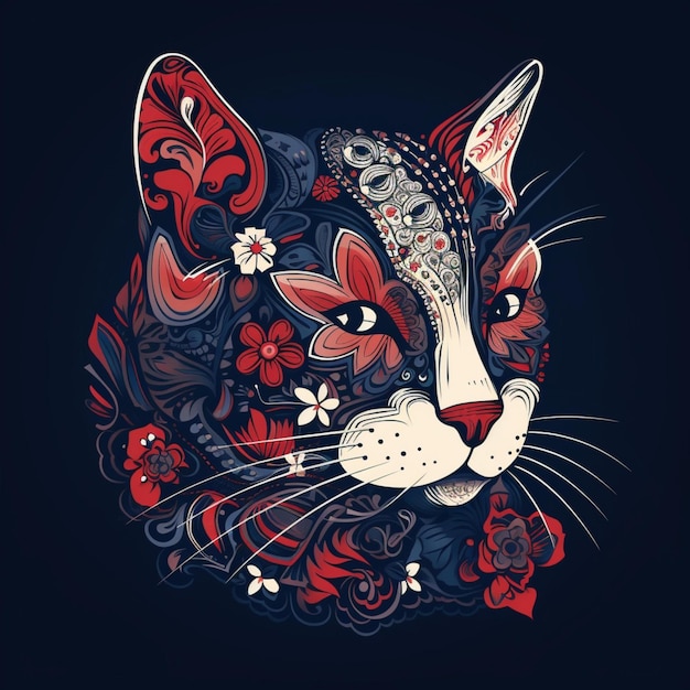 Foto ilustração de uma cabeça de gato com desenhos complexos de flores decorativas