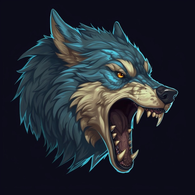 Ilustração de uma cabeça de lobo rosnado com um fundo azul generativo ai