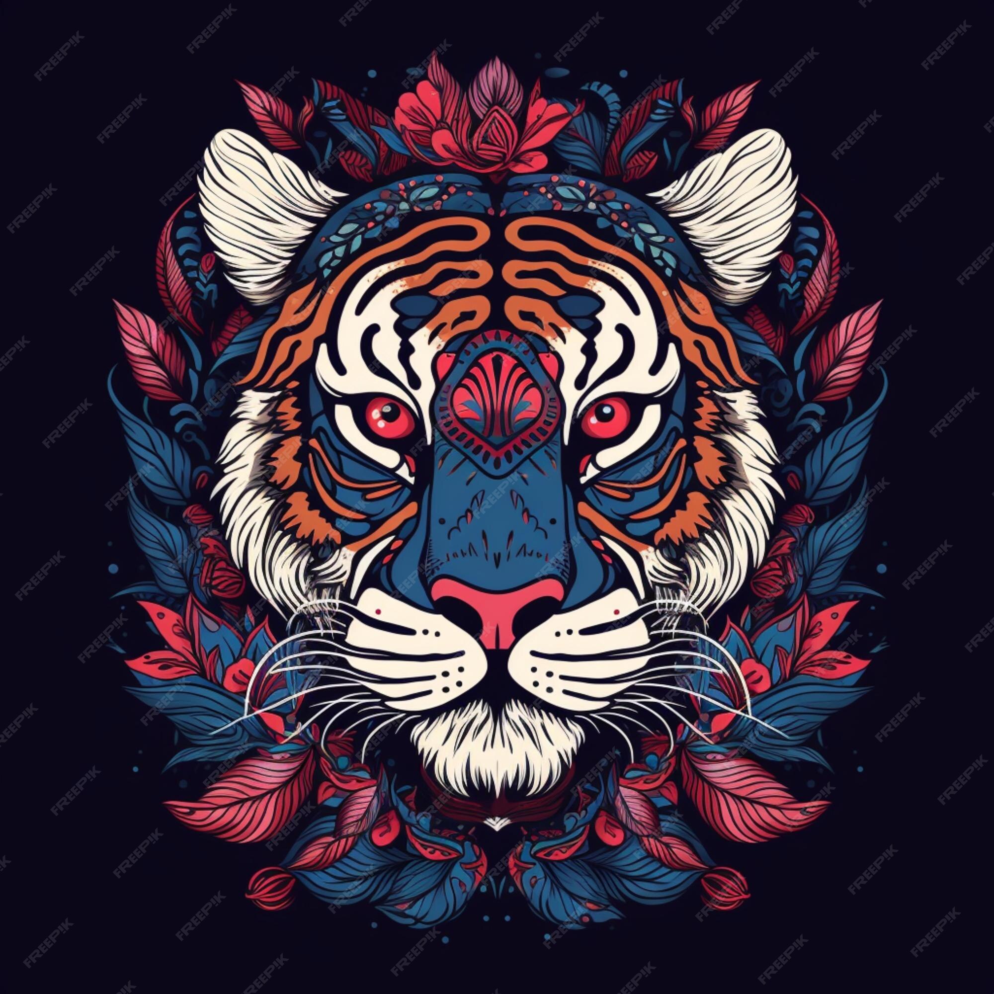 Cabeça De Tigre Com Ornamento Floral No Fundo Preto. Ilustração Vetorial.  Imagem e Fotografia Gratuitas 199434343.