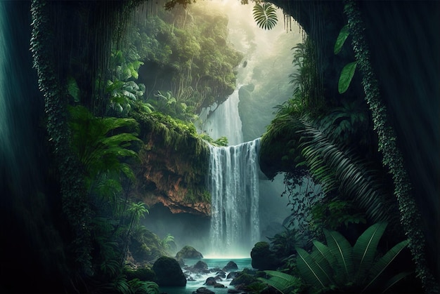 Ilustração de uma cachoeira de tirar o fôlego dentro da floresta tropical profunda