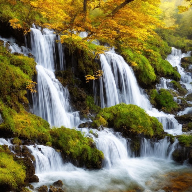 Ilustração de uma cachoeira hipnotizante cercada por uma densa floresta verde