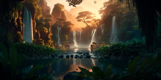 Ilustração de uma cachoeira tropical na floresta tropical ao pôr do sol conteúdo gerado por IA