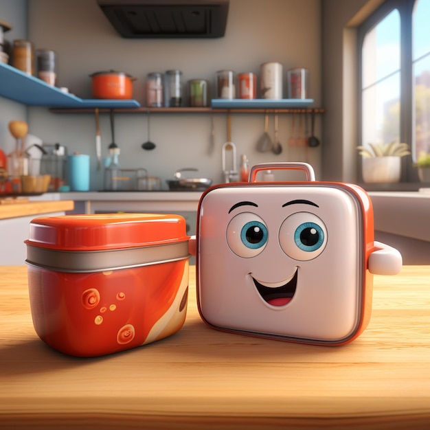 Foto ilustração de uma caixa de almoço como fundo de cozinha de um personagem de desenho animado