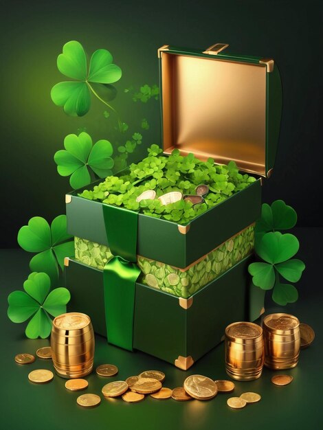 Foto ilustração de uma caixa de presente de luxo de st. patrick irlandês com uma moeda de ouro e fundo de madeira