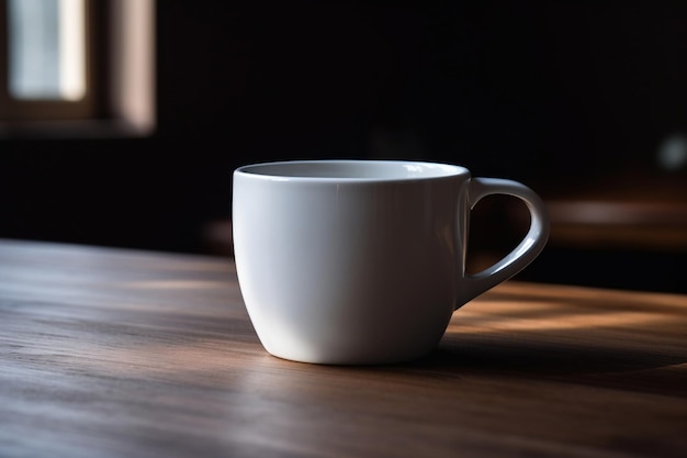 Ilustração de uma caneca de café branca simples em uma mesa de madeira IA generativa