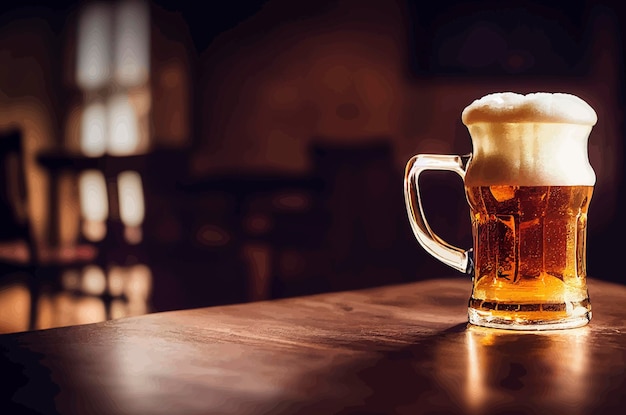 Ilustração de uma caneca de cerveja gelada em uma mesa de madeira