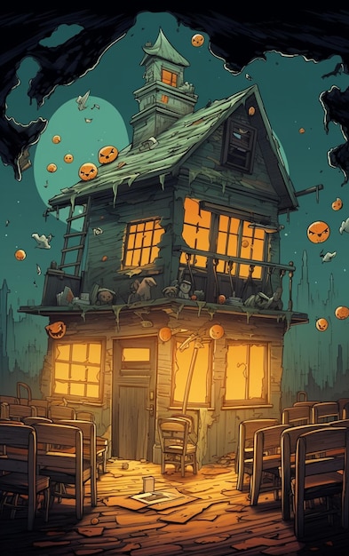 Foto ilustração de uma casa assustadora com uma lua cheia no fundo generativo ai