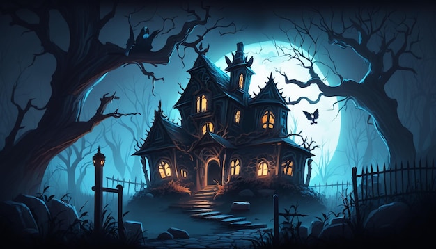 Ilustração de uma casa assustadora em uma floresta assustadora à noite generativa ai