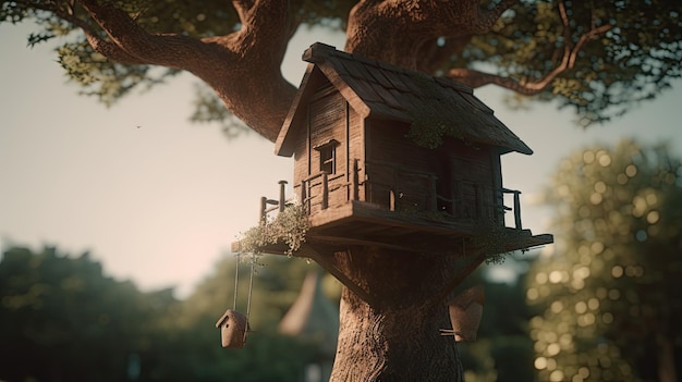 Ilustração de uma casa de árvore em uma árvore no meio de uma floresta