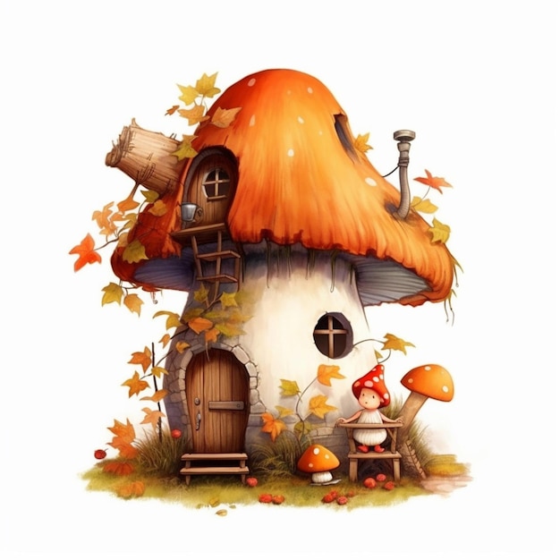 Ilustração de uma casa de cogumelo com um pequeno gnomo sentado em um banco generativo ai