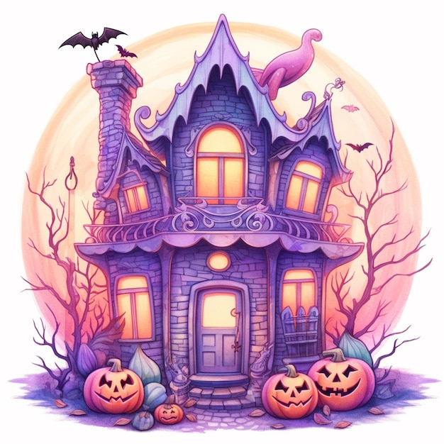 ilustração de uma casa de halloween com abóboras e morcegos generativa ai